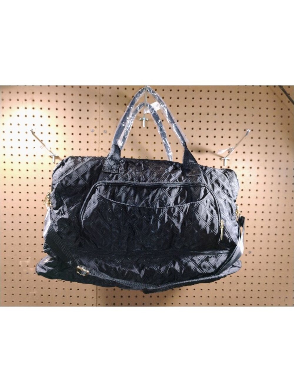 Large Quilted Black Nylon Tote With Multiple Pockets & Gold Zippers